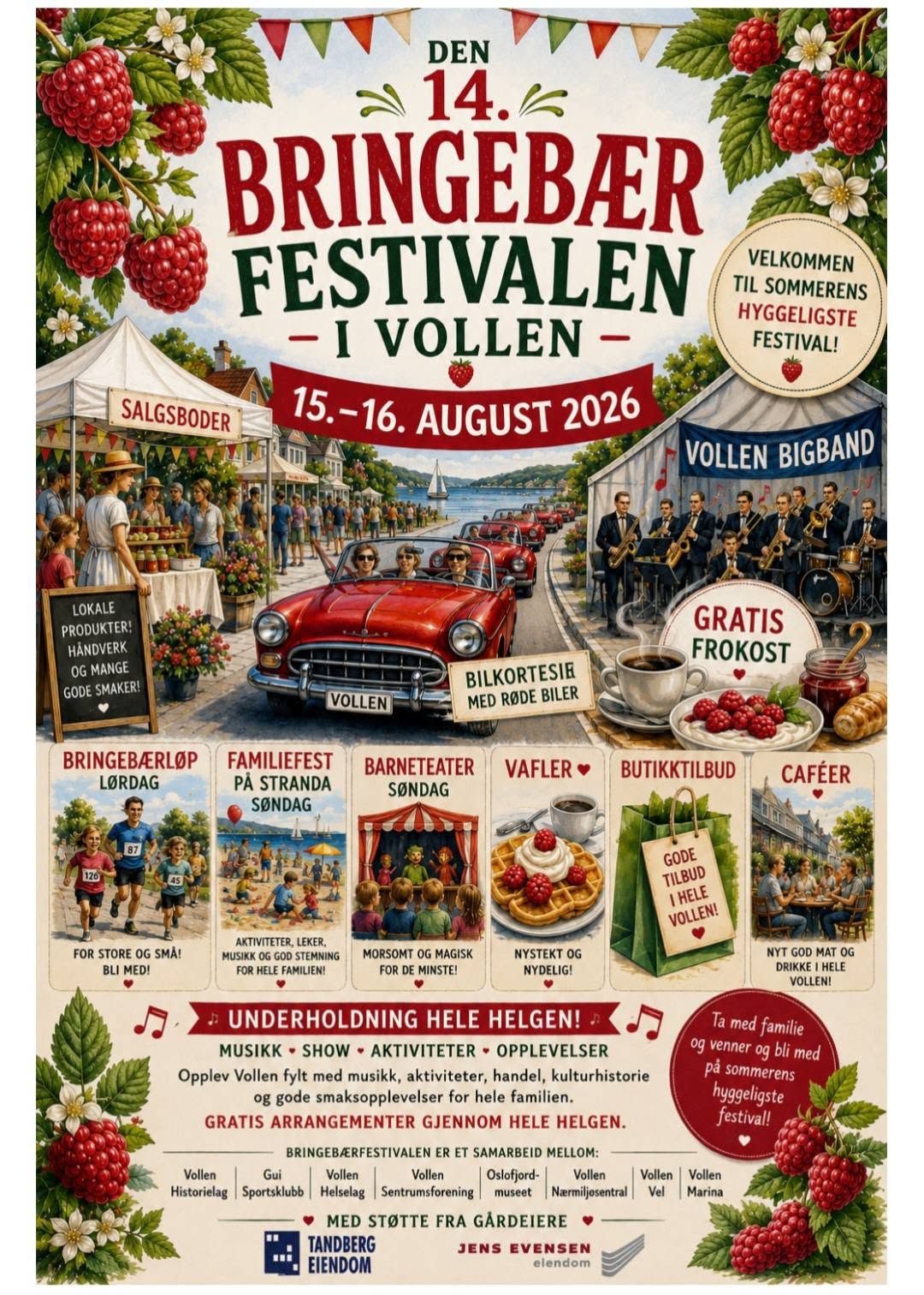 Plakat for den 14. Bringebærfestivalen i Vollen 15.–16. august 2026