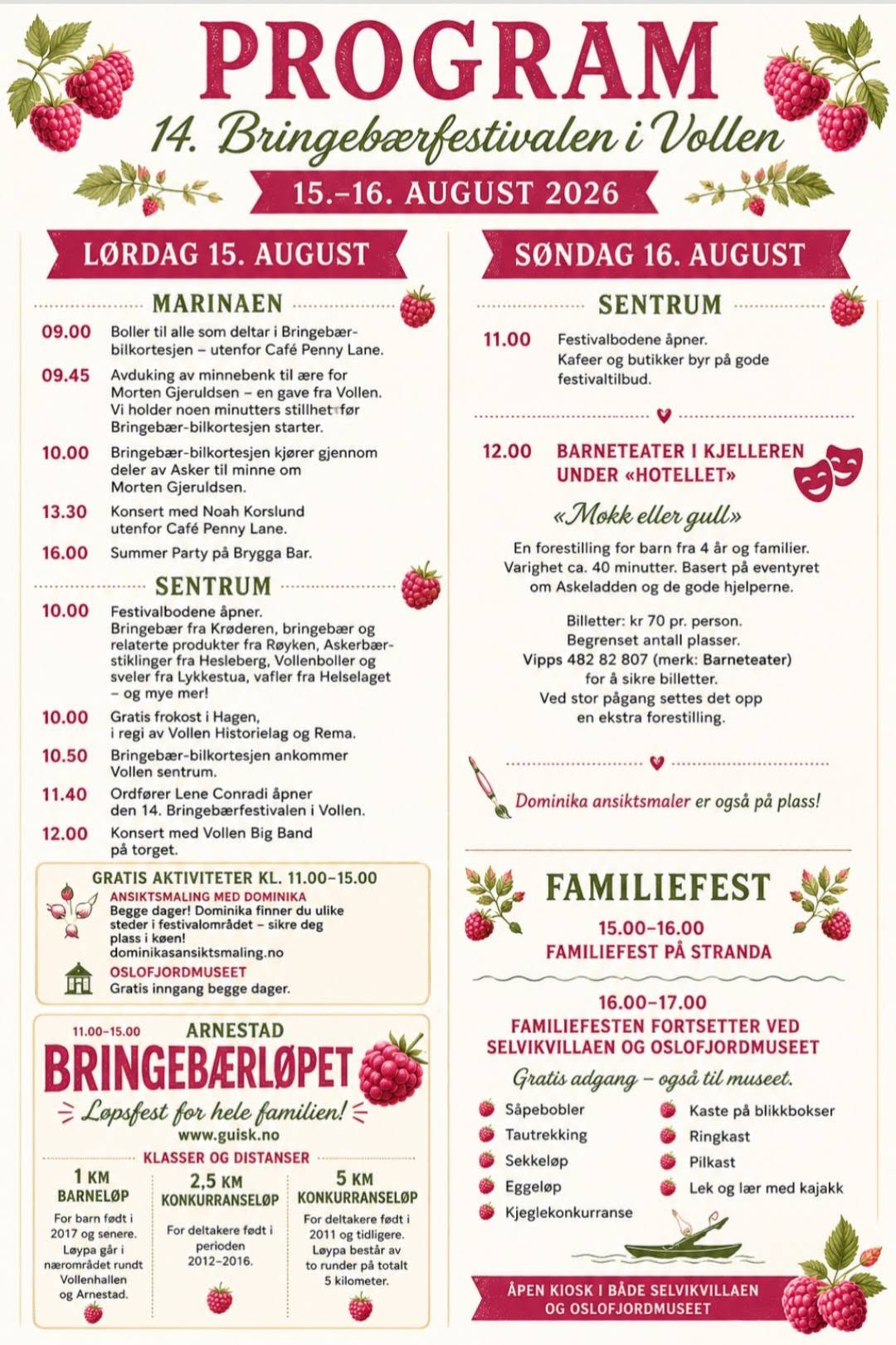 Detaljert program for Bringebærfestivalen i Vollen lørdag 15. og søndag 16. august 2026
