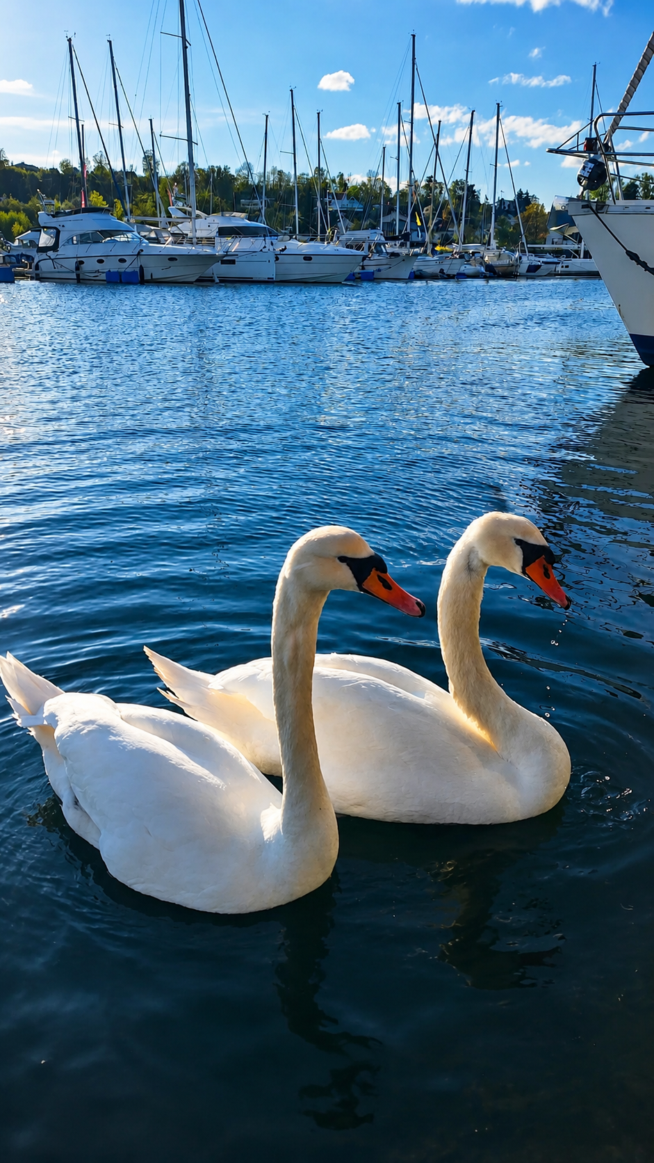 Svaner på fjorden ved båtplassene i Vollen Marina
